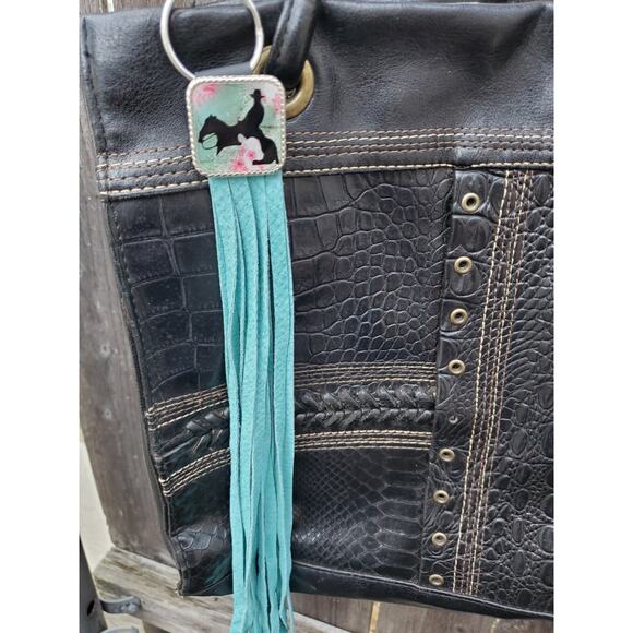 Handmade boho cow horse Leather Fringe Western bag charm, Long fringe keychain - Picture 2 of 3